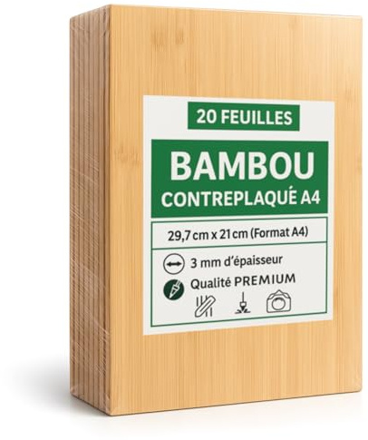 Lot de 20 Panneaux Contreplaqué Bambou A4 (29,7×21 cm, 3 mm) – Bois Écologique Premium pour Découpe Laser, Gravure, Pyrogravure, Modélisme 3D et miniature, DIY et Peinture, Cadeau
