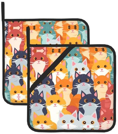 Lot de 2 maniques carrées résistantes à la chaleur Motif chats 20,3 x 20,3 cm : tissus de qualité, anti-brûlure et faciles à nettoyer