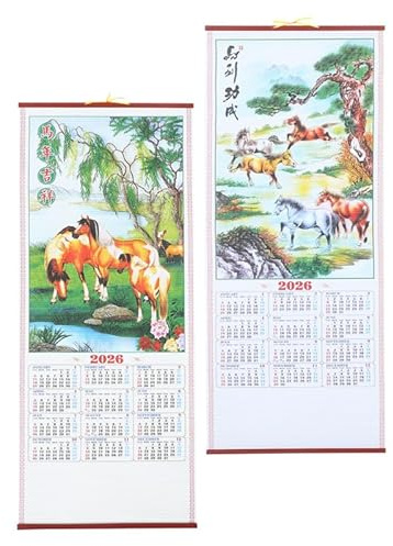 Gatuida 2 Stück Chinesischer Wandkalender Pferdejahr mit Ästhetischem Rattan design Reißfest Übersichtlicher Mond Gregorianischer Kalender für Frühlingsfest und Heimdekoration