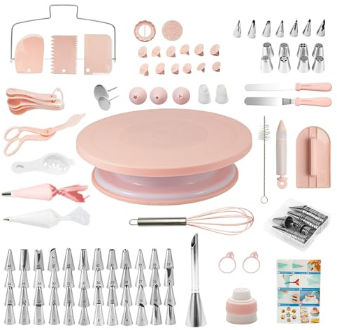GREENSAPPIRE 137pcs Cake Decorating Kit Revolving Turntable Piping Pink | Complete Baking Supplies Set stainless nozzles fondant moulds spatulas reusable bags for cupcakes birthdays weddings