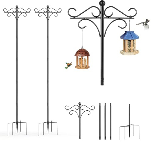 Lot de 2 Supports pour Mangeoires à Oiseaux, Réglables en Hauteur (117-195 cm) avec Base 5 Pointes, Perche pour Mangeoires, Paniers Fleurs et Lampes de Jardin