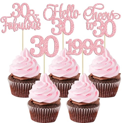 Gyufise 30Pcs 30th Birthday Cupcake Toppers Glitter Hello 30 Cake Toppers Cheers to 30 1996 Thirty Cupcake Picks for Happy 30th Birthday Anniversary Party Cake Decorations Pink