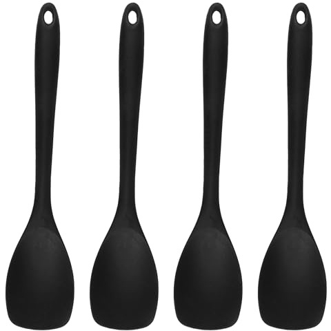 4 Pezzi Cucchiai Silicone Cucina 27,5cm Nero Senza BPA Resistenti Calore | Antiaderente, per Cucinare, Cuocere, Mescolare e Servire (Nero)