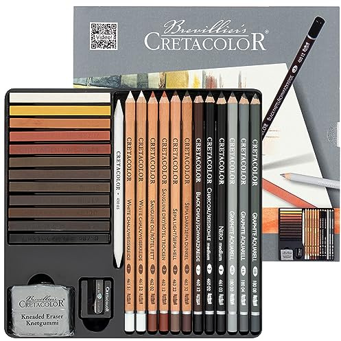 Set da disegno Cretacolor 27 pezzi, con gomma e temperino, dotazione di base ideale, tampone morbido e ricco, in robusta custodia in metallo