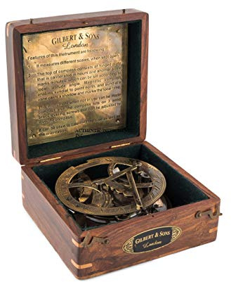 Top Grade 5-Inch Sundial Vintage Nautical Marine Compass with Wooden Box Antique Brass Sun Clock for Decoration, Navigation, Gifts Ship Replica Maritime Compass