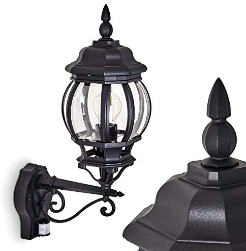 HOFSTEIN Außenwandleuchte Lentua, Außenwandlampe mit Bewegungsmelder aus Metall/Kunststoff in Schwarz/Klar, Wandleuchte Up im Retro/Vintage-Design, E27, IP44, Eingangsbereich, Terrasse, Haustür, Hof