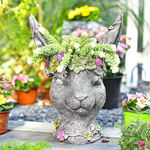 Sungmor Bobby Rabbit Head Planter - Premium Resin & 14.6 Tall Large Garden Pot - Lovely Animal Figurine Ornament Plant Container - Hand-painted Decorative Plant Pot Indoor Artificial Flower Vase