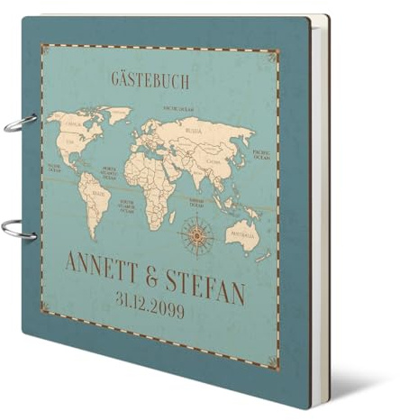 Personalisiertes Hochzeit Gästebuch Holzcover 215 x 215 mm 144 Naturpapier Innenseiten - Weltkarte