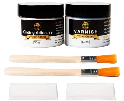 Blattgold Kleber 100ml Set, Mit Wasserbasiertem Blattgoldkleber und Schutzlack, 2 Pinsel, 2 Einweghandschuhe, für Metallfolienblätter, Malerei, Vergoldung, Handwerk, Heimdekoration