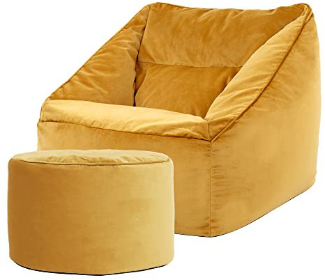 Icon Natalia Sitzsack Sessel mit Sitzpuff für Erwachsene, Gelb, Flauschiger Samtstoff, Riesen Sitzsack Samt mit Füllung, Bean Bag Chair, Bequemer Sessel Wohnzimmer, Lounge, Schlafzimmer, Büro
