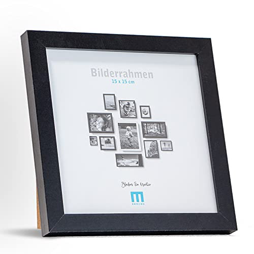 M MERCEO Marco de fotos cuadrado de 15 x 15 cm pequeño (1 unidad) en negro, minimalista y moderno para fotos e imágenes, incluye protector de cristal acrílico, adecuado como soporte de mesa y para la