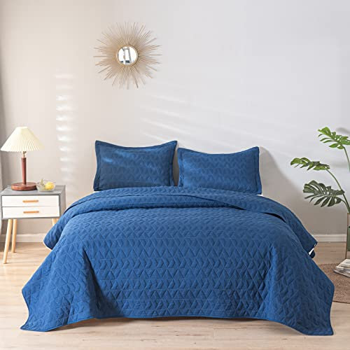 XIUWOUG Tagesdecke Bett Bettüberwurf Sofaüberwurf Quilt Überwurfdecke Patchwork,Baumwolldecke Mit 2 Kissenbezug Weich & Komfort Gesteppte Decke Für Doppelbett,Blau,250x270cm