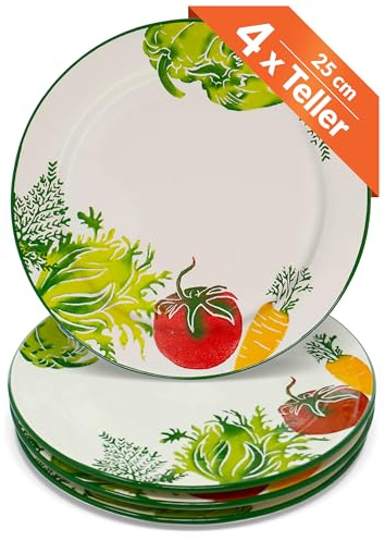Lashuma Teller Keramik 25 cm Ø, Speiseteller Set 4 Personen, Servierteller bunt Gemüse