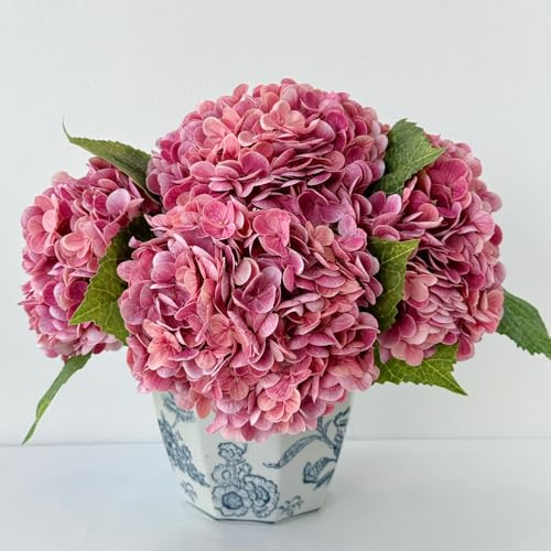 YalzoneMet Lot de 3 fleurs d'hortensia artificielles au toucher réaliste, 53,3 cm, rose foncé, grandes tiges longues, pour centre de table de mariage, décoration d'intérieur, fête, bouquet de mariée