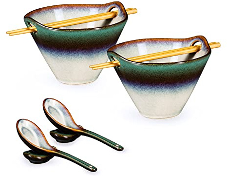HENXFEN LEAD Japanischer Ramen Schüssel Set aus Keramik, 2 Stück 600ml Ramen Bowl Set Suppenschalen Mit Essstäbchen, Löffel und Löffelruhe, Gradient Grün