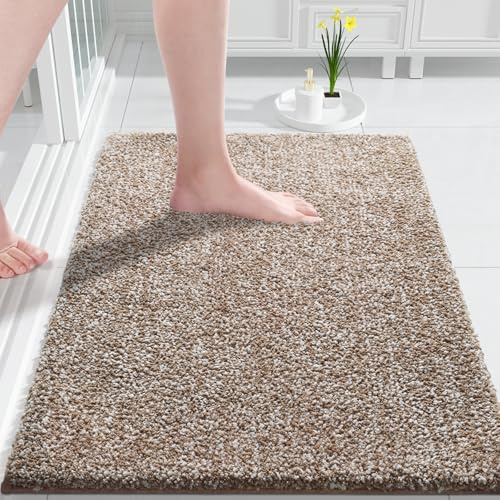 Yimobra Bathroom Rugs Non Slip Washable,Soft Absorbent Microfiber Bath Mat, Dual-Tone Decor Rug with Rubber Backing for Bathroom Floor,Tub and Shower,32x20, Home Essentials,Brown and White