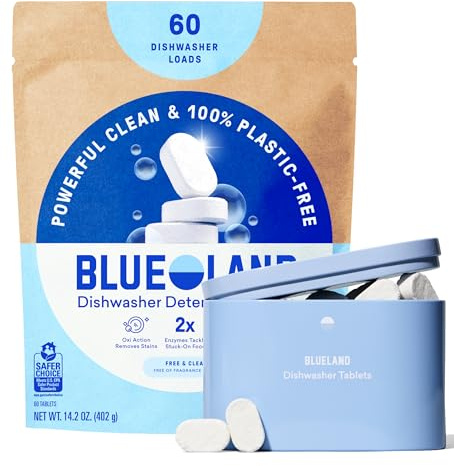 BLUELAND 100 % plastfria diskmedelstabletter, startset, 60 st med burk, gratis och tydligt, miljövänliga diskpodar, naturliga, USDA-certifierade biobaserade