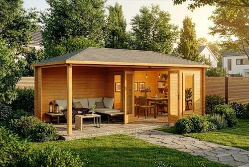 Alpholz 5-Eck Holz-Gartenhaus Liwa 614x317cm Imprägn. Pinie 40mm Wandstärke | aus Holz (Nordische Fichte|Kiefer), Blockbohlenbauweise, Walmdach