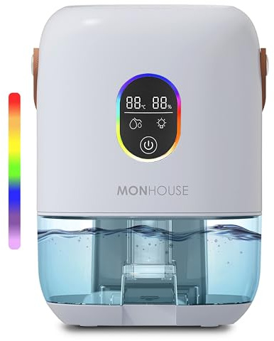 MONHOUSE Premium Dehumidifer - 1000ml - Ultra Quiet Electric Moisture Absorber - 7 Colorful Nightlight, 2 Working Modes, Touch Screen, Auto Shut Off, Humidity & Temperature Indicator - White