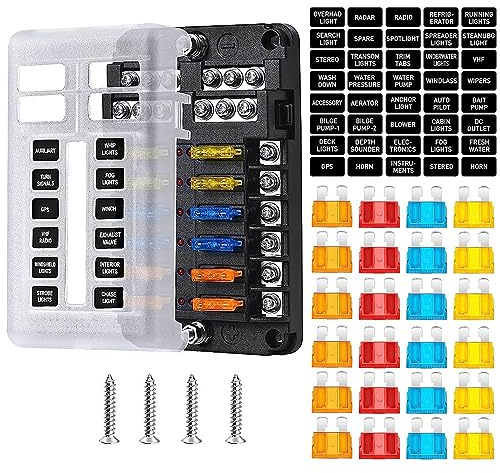 Gebildet Sicherungskasten-Set mit 12 Schaltkreisen und Feuchtigkeitsbeständiger Platte,LED-Warnanzeige für Marine,Auto, Wohnmobil,LKW,DC 12-24V(24 Sicherungen und Aufkleber im Lieferumfang Enthalten)