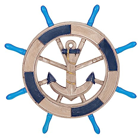 Birendy Holzdeko Steuerrad in Blau Weiß mit maritimen Applikationen Durchmesser 43cm Perfekte maritime Dekoration (17-Holzoptik-Blau-Anker)
