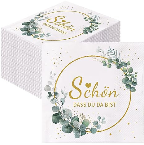 GROVBLE Servietten Schön dass du da bist 80 Stück – Hochzeit Eukalyptus | Eukalyptus Servietten | Hochzeit Tischdeko | Für Taufe, Geburtstag & Kommunion | 2-lagige Partyservietten 33x33 cm