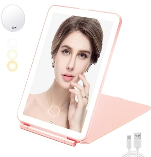 GVEFIVME Tragbarer Reise-Make-up-Spiegel mit LED-Lichtern, Touchscreen, verstellbarer beleuchteter Kosmetikspiegel, wiederaufladbar über USB – Rosa