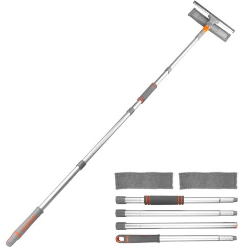 Newpop Lavavetri Telescopico, 2 in 1 Lava Vetri Finestre, Tergivetro Professionale, Spazzola Lavavetri per Finestre con 2 Panni in Microfibra, Lava Vetrine con Manico Rimovibile da 80 a 134 cm
