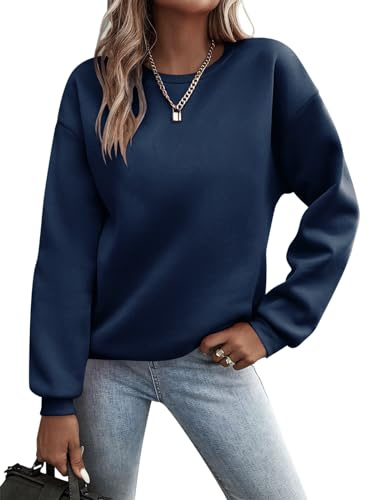 Minetom Pullover Damen Sweatshirt Einfarbige Langarm Rundhals Pulli Herbst Winter Frauen Locker Casual Oberteil Sport Streetwear Sweatshirts ohne Kapuze Langarmshirt B Dunkelblau M