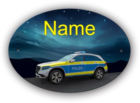 Maus-Design Türschild personalisiert mit Name und Schriftartwahl, Polizei | Kunststoff, Oval, 12,7 x 8,8 x 0,2 cm, 2 Bohrungen