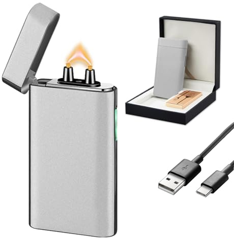 Elektrisches, winddichtes Feuerzeug mit Plasma-Flamme, wiederaufladbares USB-Feuerzeug mit Batterieanzeige (Silber)