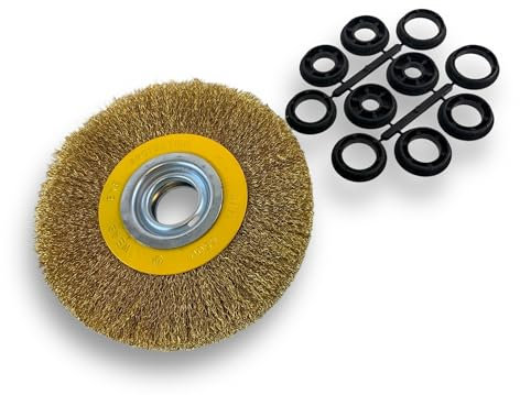 Brosse circulaire LAITON | Ø 175 mm | Epaisseur 3 rangs | Fil dur 0.30 mm ondulé | Alésage 32 mm + réducteur bague 25/22/20/16/12 mm | Touret meuleuse affûteuse ponceuse | Kibros 235178LT