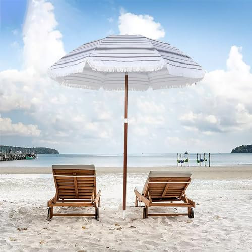 Parasol de plage Parapluie d'extérieur à franges de 6 pieds avec parasol inclinable, protection contre les UV, parasol de table imperméable, hauteur réglable, 8 baleines robustes pour terrasse de jar