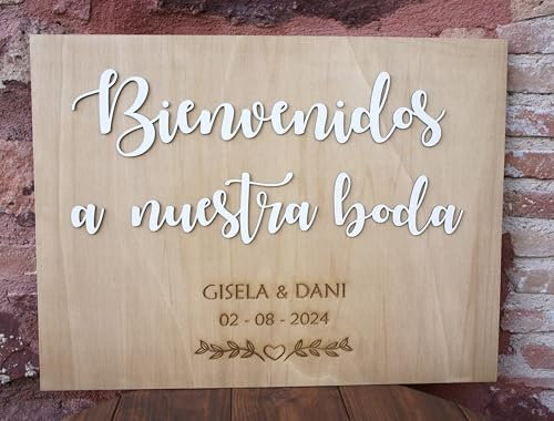 Cartel Bienvenidos a nuestra boda de madera personalizado, medidas 60 x 40 cm