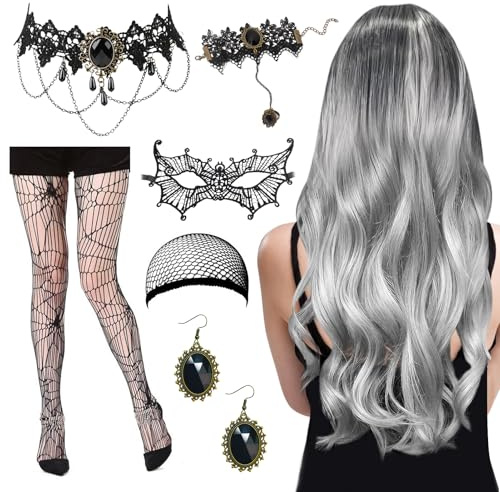 Halloween Gothic Schmuck Perücke, Halloween Schmuck Perücke, mit Perücke Grau Lang, Spinnen Strumpfhose, Ohrring, Armbänder, Augenmasken, Halsketten, für Halloween, Karneval, Mottopartys