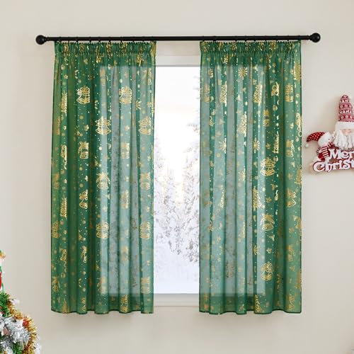 PONY DANCE Weihnachtsgardinen mit Kräuseband Kurz 2er Set H 160 x B 140 cm Weihnachten Vorhang Wohnzimmer Transparent Schienen Gardinen und Vorhänge mit Goldernem Muster, Dunkelgrün