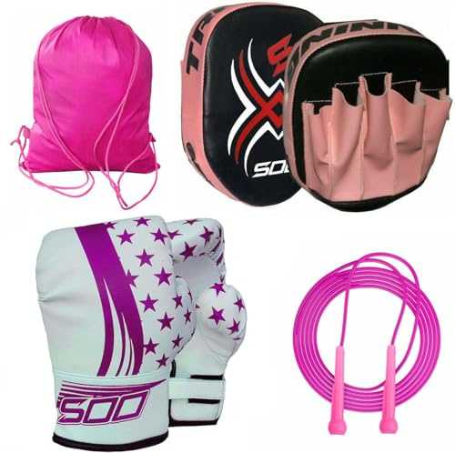 Kids' Boxing Set, Focus Pads, Gloves 2oz Kick Boxing Gloves Kids Focus Pads, Junior Punching Bag Set, Target Boxing Set, MMA Training, Hook & Jab Strike Pads For Boys & Girls (Pink)