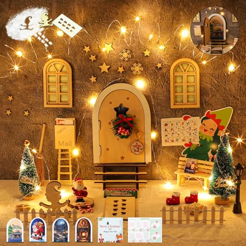 BOLWEO Wichteltür Set, 56 Stück Wichtel Zubehör Weihnachten Weihnachtswichtel Tür Set mit 2pc Weihnachtsdeko Licht, mit Wichtel Schablone, Feentür Wichtel Set für Advent, Weihnachten Geschenke | Weihnachtswichtel Tür Set mit 2pc Licht, mit Wichtel Schablone, Feentür Wichtel Set für Advent, Weihnachten Geschenke