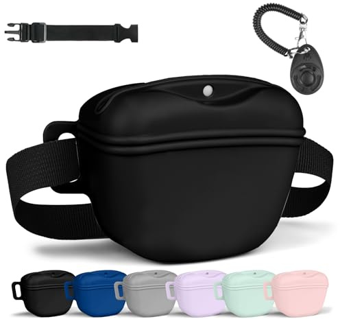 Aomig Leckerlibeutel für Hunde 3Pcs Hundeleckerli mit Trainingsklicker Gürtel Tasche Hundetraining Bauchtasche Gassitasche Futterbeutel Hunde Gassigehen Hundetraining Silikon Trainingstasche Schwarz