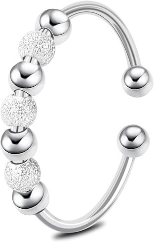 925 Sterling Silber Anxiety Ring Verstellbar Ring Damen Angstring Zappel mit Perlen Spinner Schmuck Geschenke für Frauen Mädchen Offener Anti Stress Stapelbar