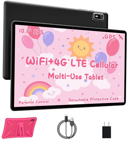 HAOVM Tablet 10 inch, 4G SIM Unlocked, Android 14 Tablet with SIM Card Slot, IPS Touch Screen, 2.0GHz Fast Processor,3GB+32GB+TF Expand,2.4G/5GHz WiFi,8MP Camera, GPS, Pink case
