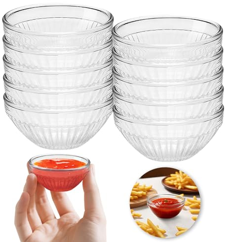 Ferenando 10 Pcs Mini Glass Bowls for Dips, 75ml Ø 3in Reusable Small Glass Bowls, Sauce Dish Small for Cooking, Condiment, Jam, Spices, Starter, Salad, Snack - Dishwasher Safe