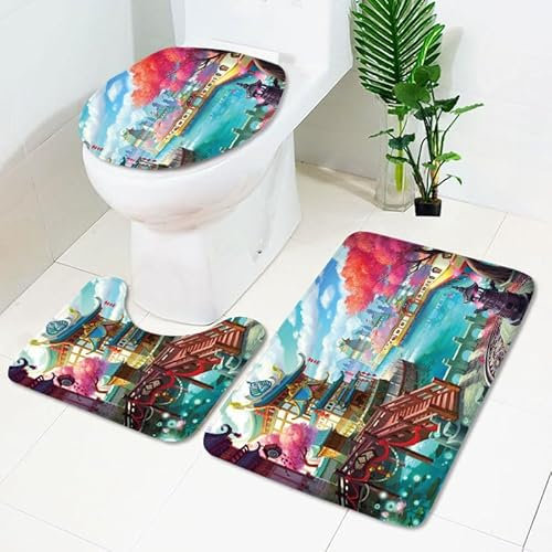Badrumsmatta blårosa byggnad WC matta med utsnitt WC lockskydd 3 delar WC matta halkfri badrumsset U-formad badmatta tvättbar badrumsmattor set 50 x 80 cm