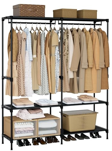 CASAMAYA Clothes Rack, Portable Closet, 54.3 Inch Large Capacity Wardrobe Closet, Clothes Storage Organizer with Shelves and 2 Hanging Rods, Easy to Assembly, Black PCT002B01