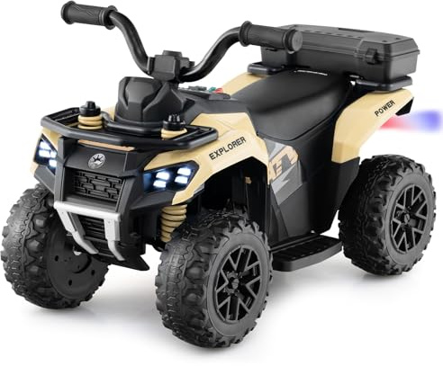 COSTWAY 6V Kids Electric Ride on ATV Car, Battery Powered Quad Bike with Horn, Music, Spray Function, LED Lights, Storage Basket, for 18 Months+ Old Boys Girls (Khaki)