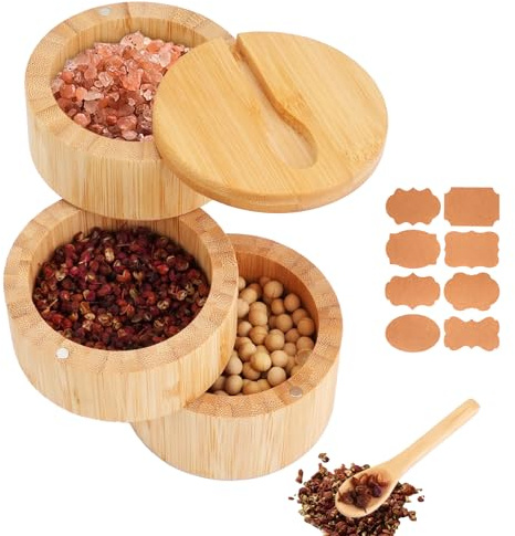 Jiayaus Bamboo Salt Cellar with Swivel Lid and Spoon, 3-tier Salt Pot with 8pcs Label Stickers, Wooden Salt Container, Salt Box for Kitchen to Storage Pepper, Sugar, Herbs, Seasonings