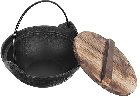 ABOOFAN 18cm Cast Iron Small Hot Pot with Wooden Lid, Single Person Outdoor Camping Saucepan, Multifunctional Stockpot Suitable for Induction Cooking
