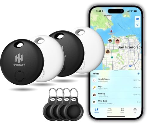 HH-Tech Smart Tag LITE (Pack 4 with 4 Protectors) For Apple iOS Devices, Smart Tracker, Item Finder, Replaceable Battery, Easily Track Your Wallet, Bag, Suitcase, and More with Apple Find My App