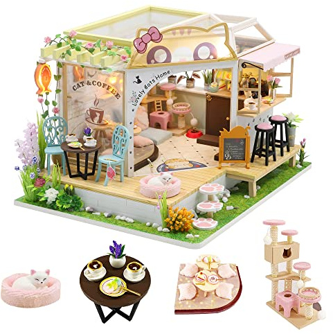 CUTEROOM Kit de maison miniature à faire soi-même - Jolie maison de chat, petite maison de poupée en bois, mini kits d'artisanat pour décoration de Noël, famille, amis