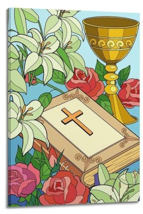 LXDSTK Impression sur toile de style chrétien moderne pour décoration de chambre à coucher, motif bible, calice et fleurs, symbole religieux, 40 x 60 cm, style cadre